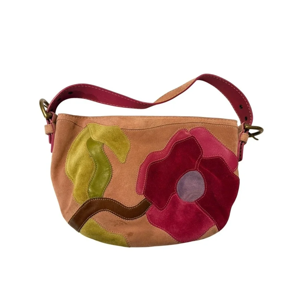 RARE Y2K Vintage 2004 Coach Poppy for Peace Pink Suede Floral Shoulder Bag Purse